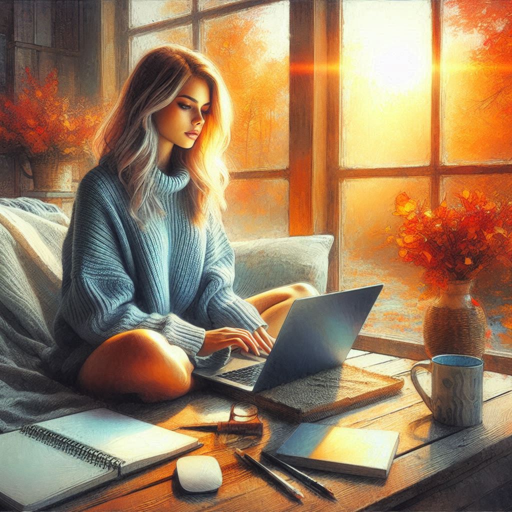 A digital oil painting of a young beautiful woman sitting at a laptop in a cozy room on an autumn da