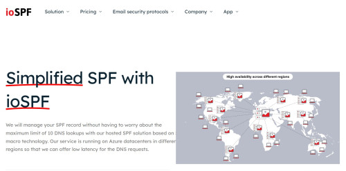 Simplified SPF with ioSPF We will manage your SPF record without having to worry about the maximum limit of 10 DNS lookups with our hosted SPF solution based on SPF macro technology.

https://iospf.io/