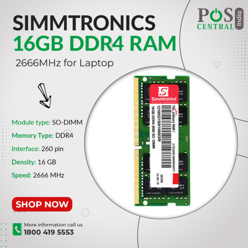 The Simmtronics 16GB DDR4 RAM 2666MHz for Laptop is a memory module designed specifically for laptops. The RAM module does not come with any batteries. It doesn't require them for operation. It weighs approximately 30 grams. Its lightweight design facilitates effortless handling and installation. It provides a significant boost in memory capacity and operates at a low energy voltage of 1.2V. With its high-speed performance, it is a reliable choice for enhancing the overall performance of your laptop. You can visit POS Central India website to Buy Simmtronics 16GB DDR4 RAM 2666MHz for Laptop at affordable cost with free express delivery. For more information, go to https://www.poscentral.in/simmtronics-16gb-ddr4-ram-2666-mhz-for-laptop.html