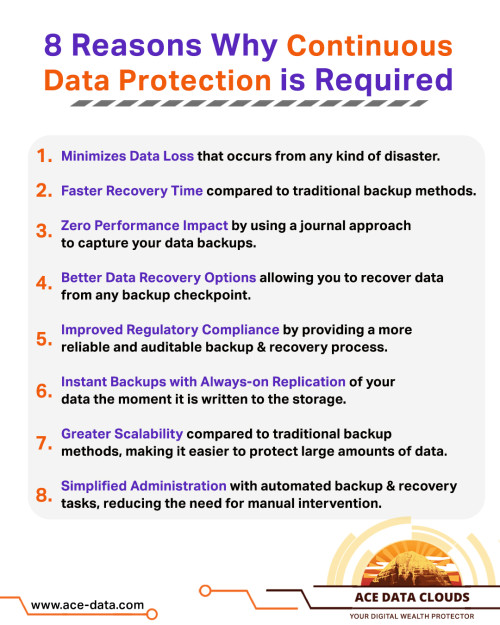 Acedata provides Continuous data protection by capturing data changes at the block level, which is the smallest unit of data storage. The captured changes are stored in a separate repository, known as a journal, allowing for quick and accurate recovery. In the event of data loss, the journal can be used to recreate the data to its most recent state, ensuring minimal data loss and downtime. Acedata's Continuous data protection solution also provides a high level of data security, as the captured changes are encrypted and stored in a secure location, reducing the risk of data breaches or loss. Furthermore, the continuous data protection solution is scalable, allowing organizations to easily increase their backup capacity as their data grows.

Visit : https://ace-data.com/blog/why-continuous-data-protection-is-important/