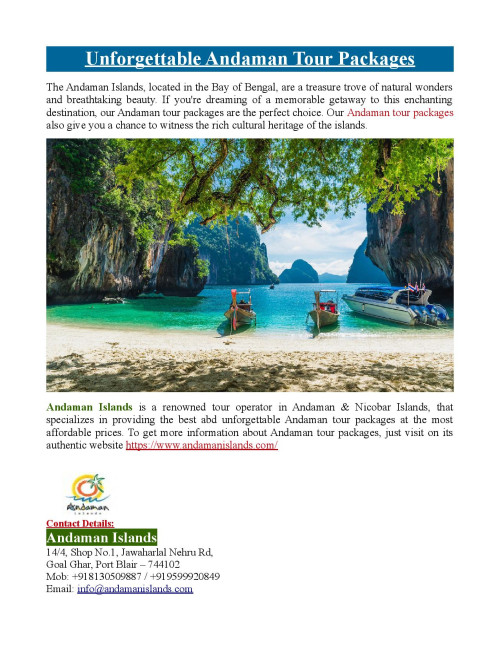 Andaman Islands is a renowned tour operator in Andaman & Nicobar Islands, that specializes in providing the best unforgettable Andaman tour packages at the most affordable prices. To get more information about Andaman tour packages, just visit at https://www.andamanislands.com/