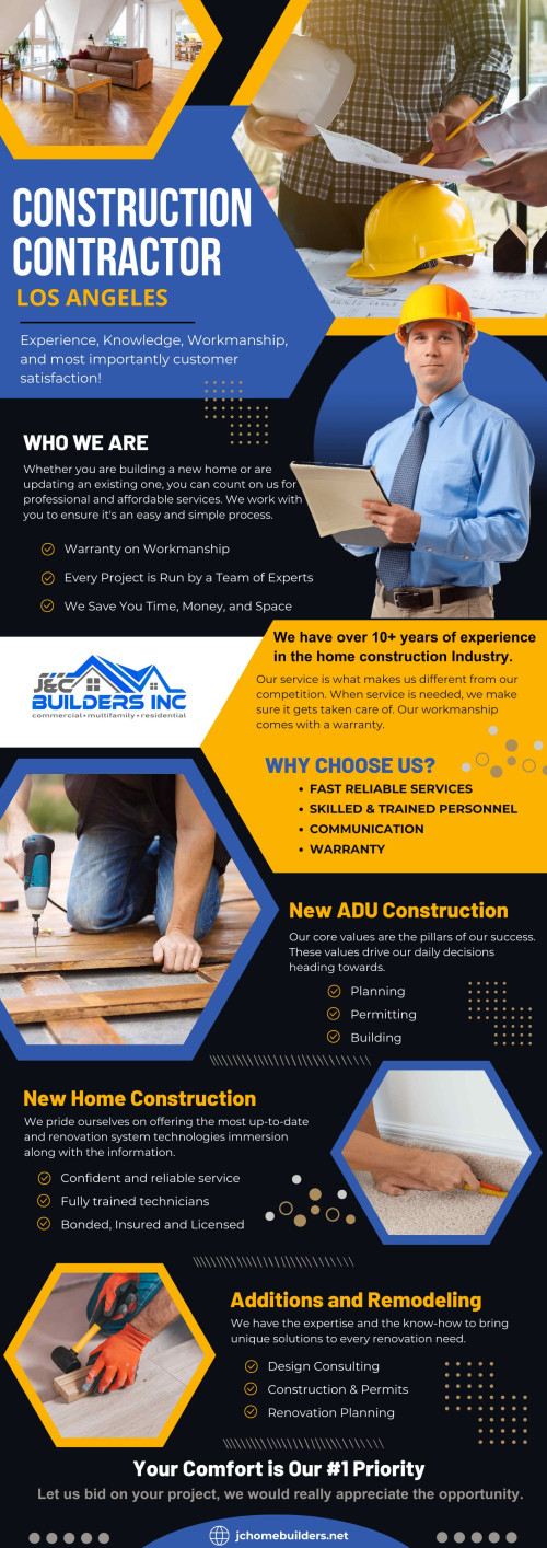 In today's society, everyone wants to live in an "active, sustainable, and urban" environment. It means that ADU construction companies are in high demand as more and more people are looking to decentralize their lives and reduce their reliance on cars.

Visit Our Website : https://jchomebuilders.net/

J&C Builders Inc

Address : 1700 Santa Fe Ave Suite 100, Long Beach, CA 90813, United States
Call Us +15625223549
Write Us : Info@jchomebuilders.net

Find Us On Google Map: http://goo.gl/maps/3dsim5AsWQUHTN9Y9

Google Business Site: https://jc-builders-inc-adugarage-conversion.business.site