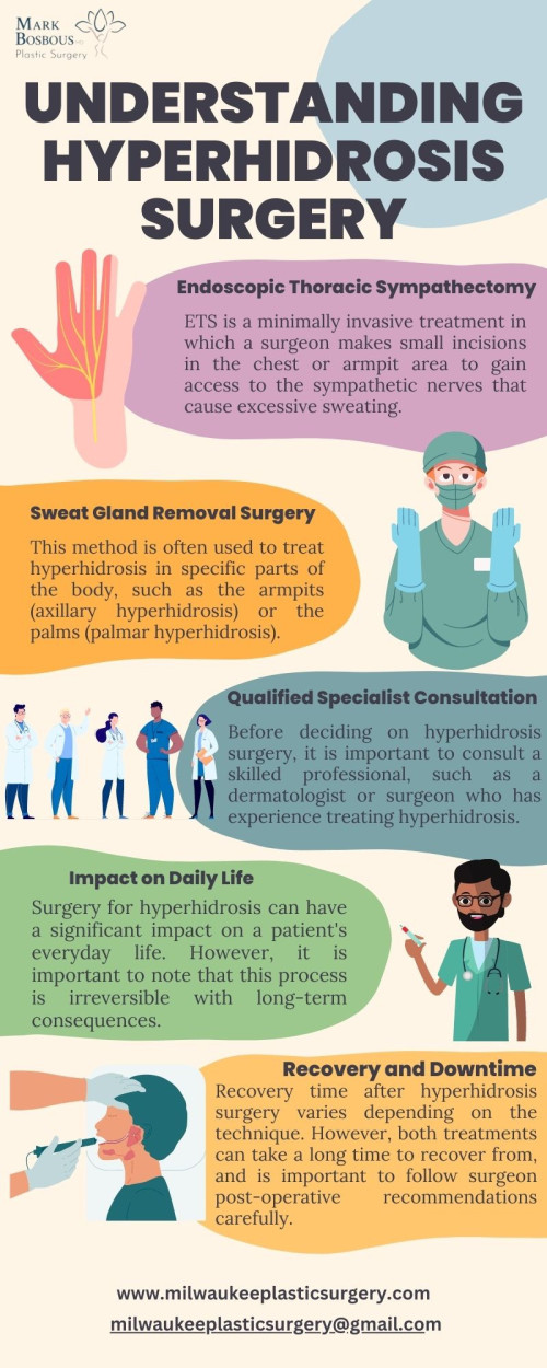 Hyperhidrosis surgery, also known as sympathectomy, is a medical procedure designed to address the condition of excessive sweating, known as hyperhidrosis. Hyperhidrosis can have a significant impact on a person's quality of life, causing social and emotional distress. The surgery targets the sympathetic nervous system responsible for controlling sweating and aims to reduce excessive sweating in affected areas such as the palms, armpits, and feet. It is important for individuals considering hyperhidrosis surgery to have an open discussion with their healthcare providers, address any concerns, and thoroughly understand the potential consequences. With proper guidance and informed decision-making, hyperhidrosis surgery can provide lasting relief, allowing patients to regain self-confidence and enjoy a better quality of life. Visit Here - https://milwaukeeplasticsurgery.com/skin/hyperhidrosis/
