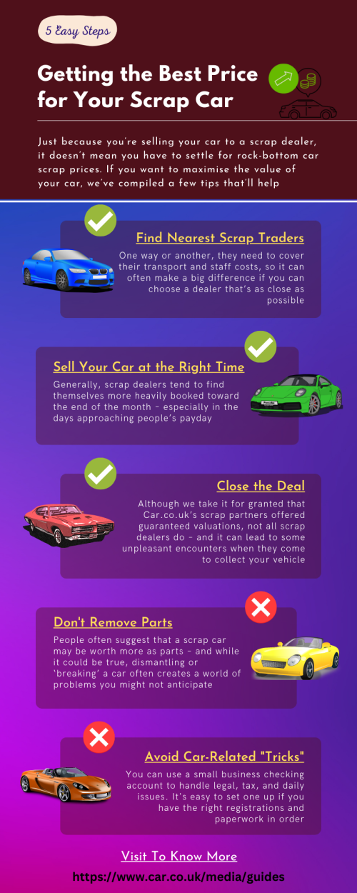 Scrap car prices Getting the best price for your scrap car. To know more please visit to 
"https://www.car.co.uk/media/guides"