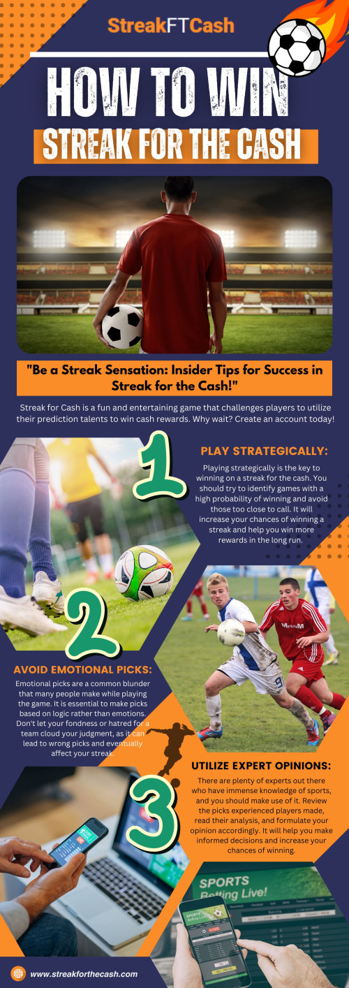 If you are a fan of streak games and wondering how to win Streak for the Cash, this blog is for you. Streak for the Cash, the sports prediction game by ESPN, offers enthusiasts an exhilarating platform to test their sports knowledge and prediction skills.

Official Website: https://www.streakforthecash.com

Our Profile: https://gifyu.com/streakforthecash
More Infographic:
https://tinyurl.com/2aryx7aj
https://tinyurl.com/25o7banq