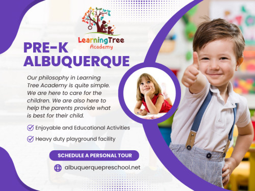 Pre-k Albuquerque provides children a nurturing environment to learn, grow, and explore their abilities. By planting the seeds of success in preschool, you are setting your child toward a bright and prosperous future. 

Official Website: https://albuquerquepreschool.net

Learning Tree Academy
Address : 3615 Candelaria Rd NE, Albuquerque, NM 87110, United States
Contact Us : 15058881668

Our Profile:  https://gifyu.com/albuquerquepre

More Images:
https://rcut.in/AxOFON1D
https://rcut.in/YJakI43L
https://rcut.in/yfT4C3If