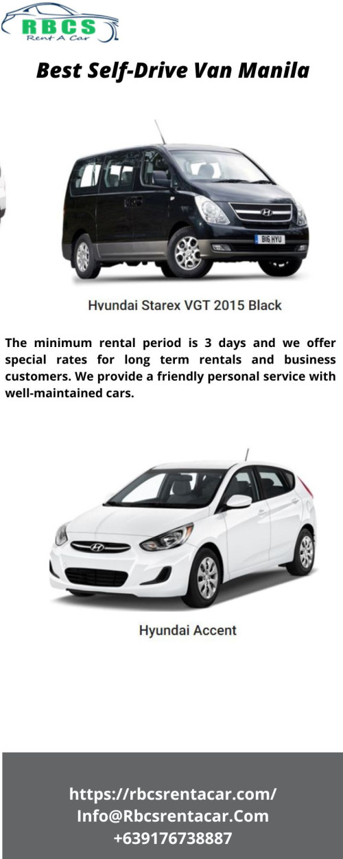RBCS Rent a Car offers vehicles to both private individuals as well as companies. We can also provide the cars as self-drive or with a driver if you want. Our self drive van Manila are completely customizable to meet your particular needs and specifications. Visit our website to know more information about our Car Rental Services. https://rbcsrentacar.com/car-rental-services-manila/