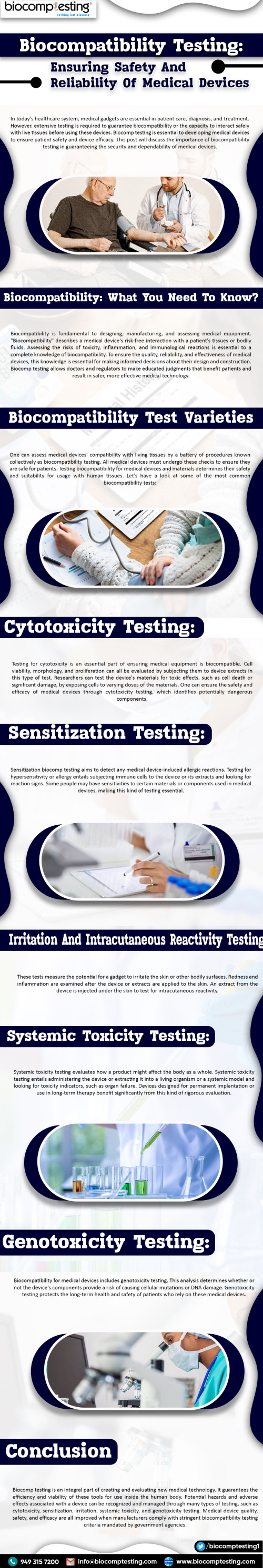 In today's healthcare system, medical gadgets are essential in patient care, diagnosis, and treatment. However, extensive testing is required to guarantee biocompatibility or the capacity to interact safely with live tissues before using these devices. Biocomp testing is essential to developing medical devices to ensure patient safety and device efficacy. This post will discuss the importance of biocompatibility testing in guaranteeing the security and dependability of medical devices.

https://biocomptesting1.blogspot.com/2023/07/biocompatibility-testing-ensuring.html