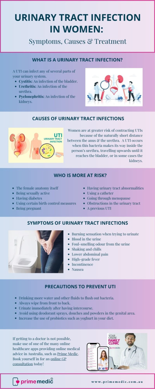 An infection of the urinary tract, a UTI can infect any of several parts of your urinary system. The urinary system consists of the kidneys, ureters, bladder and urethra. Although lower urinary tract infections that involve the bladder and urethra are more common, upper urinary tract infections that reach the kidneys are more severe and require immediate attention. If you’ve been struggling with frequent UTIs or are wondering if your symptoms match those of a UTI, book yourself in for an online GP consultation instead of trying to Google your symptoms and self-diagnosing. For more information visit the website https://www.primemedic.com.au/consultation/

#onlinemedicalconsultation #onlinegp #onlinedoctoraustralia #onlinedoctor #onlinemedicalconsultation #PrimeMedic