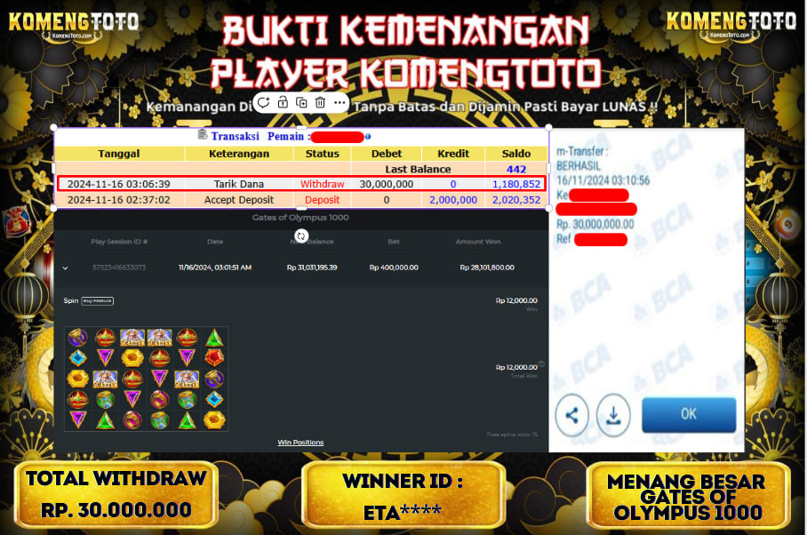 LAGI & LAGI!! KEMENANGAN BESAR DI SLOT  GATES OF OLYMPUS 1000  SEBESAR Rp.30.000.000 KOMENGTOTO BAYAR LUNAS SECEPAT KILAT !! KOMENGTOTO BAYAR SECEPAT KILAT !!