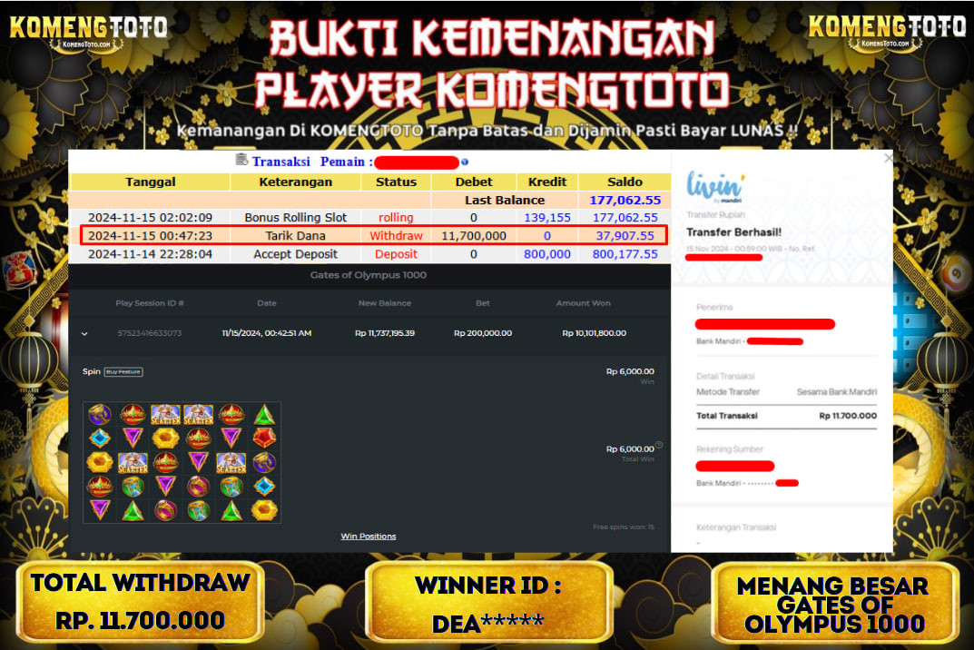 LAGI & LAGI!! KEMENANGAN BESAR DI SLOT  GATES OF OLYMPUS 1000  SEBESAR Rp.11.700.000 KOMENGTOTO BAYAR LUNAS SECEPAT KILAT !! KOMENGTOTO BAYAR SECEPAT KILAT !!