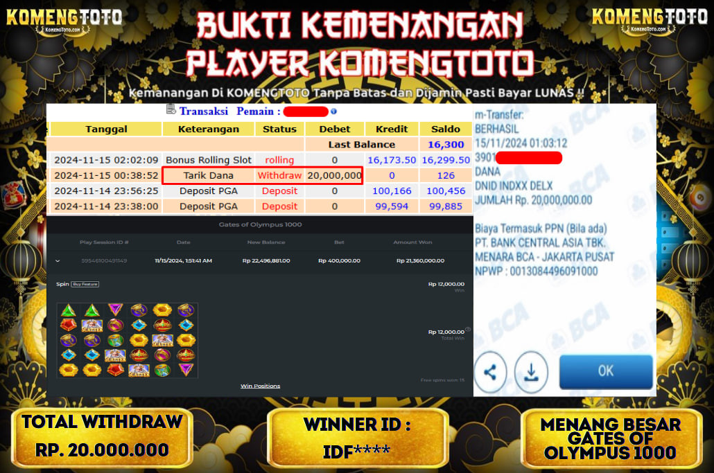 LAGI & LAGI!! KEMENANGAN BESAR DI SLOT  GATES OF OLYMPUS 1000  SEBESAR Rp.20.000.000 KOMENGTOTO BAYAR LUNAS SECEPAT KILAT !! KOMENGTOTO BAYAR SECEPAT KILAT !!