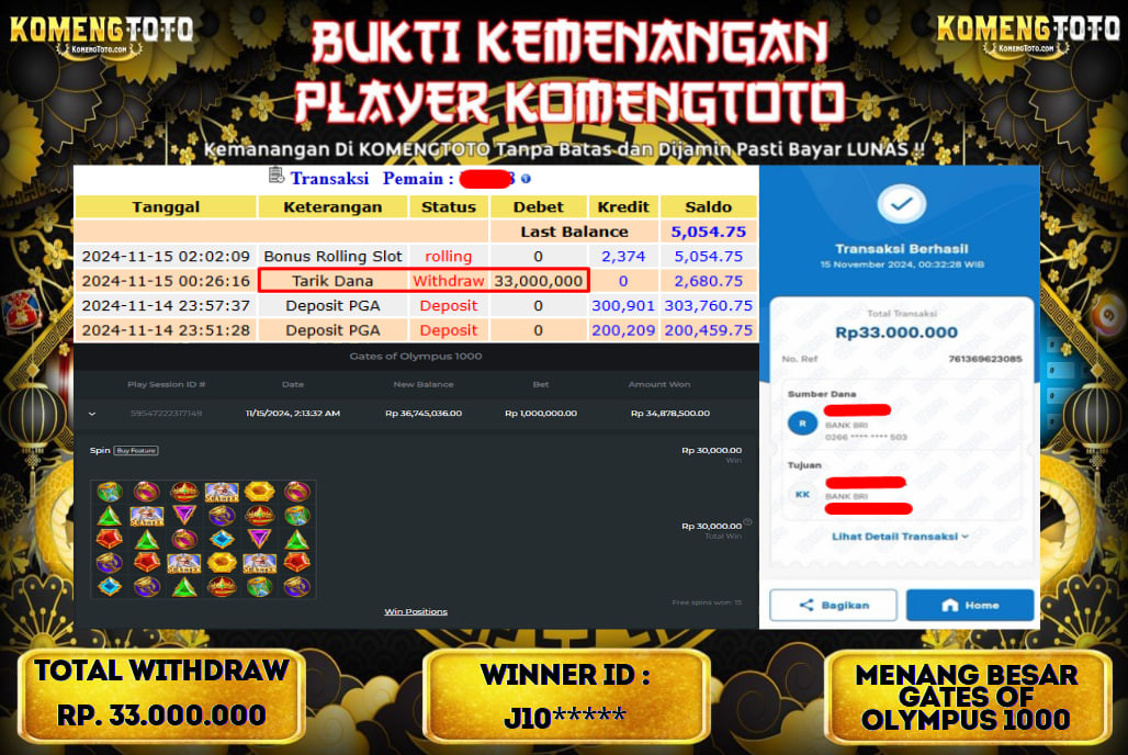 LAGI & LAGI!! KEMENANGAN BESAR DI SLOT  GATES OF OLYMPUS 1000  SEBESAR Rp.33.000.000 KOMENGTOTO BAYAR LUNAS SECEPAT KILAT !! KOMENGTOTO BAYAR SECEPAT KILAT !!