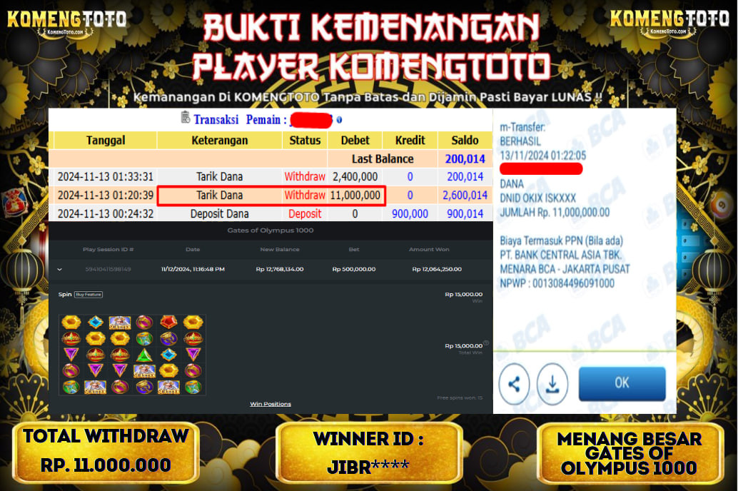 LAGI & LAGI!! KEMENANGAN BESAR DI SLOT  GATES OF OLYMPUS 1000  SEBESAR Rp.11.000.000 KOMENGTOTO BAYAR LUNAS SECEPAT KILAT !! KOMENGTOTO BAYAR SECEPAT KILAT !!