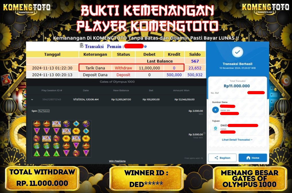 LAGI & LAGI!! KEMENANGAN BESAR DI SLOT  GATES OF OLYMPUS 1000  SEBESAR Rp.11.000.000 KOMENGTOTO BAYAR LUNAS SECEPAT KILAT !! KOMENGTOTO BAYAR SECEPAT KILAT !!