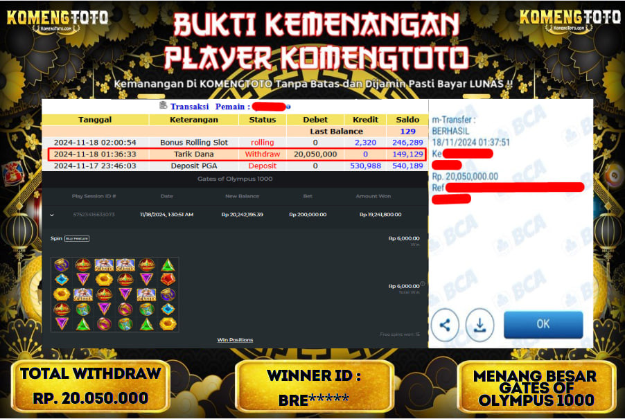 LAGI & LAGI!! KEMENANGAN BESAR DI SLOT  GATES OF OLYMPUS 1000  SEBESAR Rp.20.050.000 KOMENGTOTO BAYAR LUNAS SECEPAT KILAT !! KOMENGTOTO BAYAR SECEPAT KILAT !!