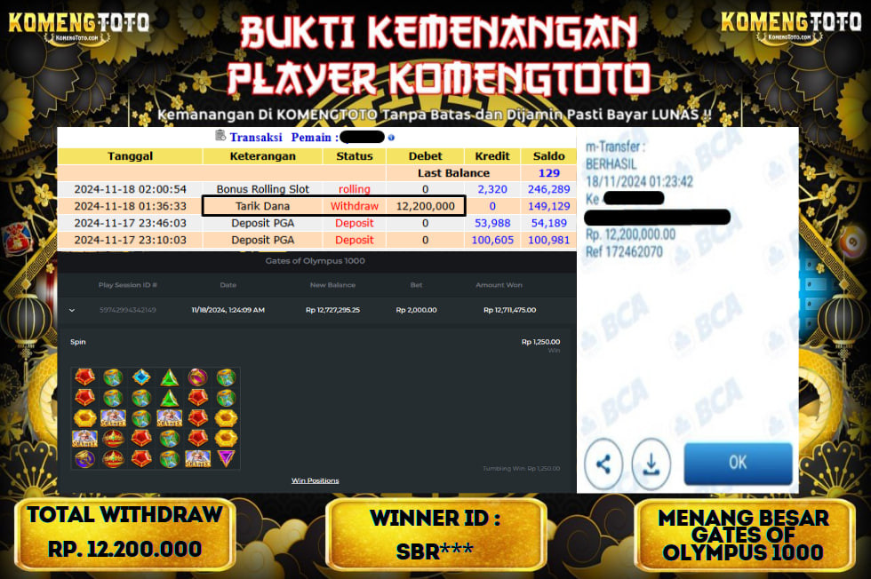 LAGI & LAGI!! KEMENANGAN BESAR DI SLOT  GATES OF OLYMPUS 1000  SEBESAR Rp.12.200.000 KOMENGTOTO BAYAR LUNAS SECEPAT KILAT !! KOMENGTOTO BAYAR SECEPAT KILAT !!
