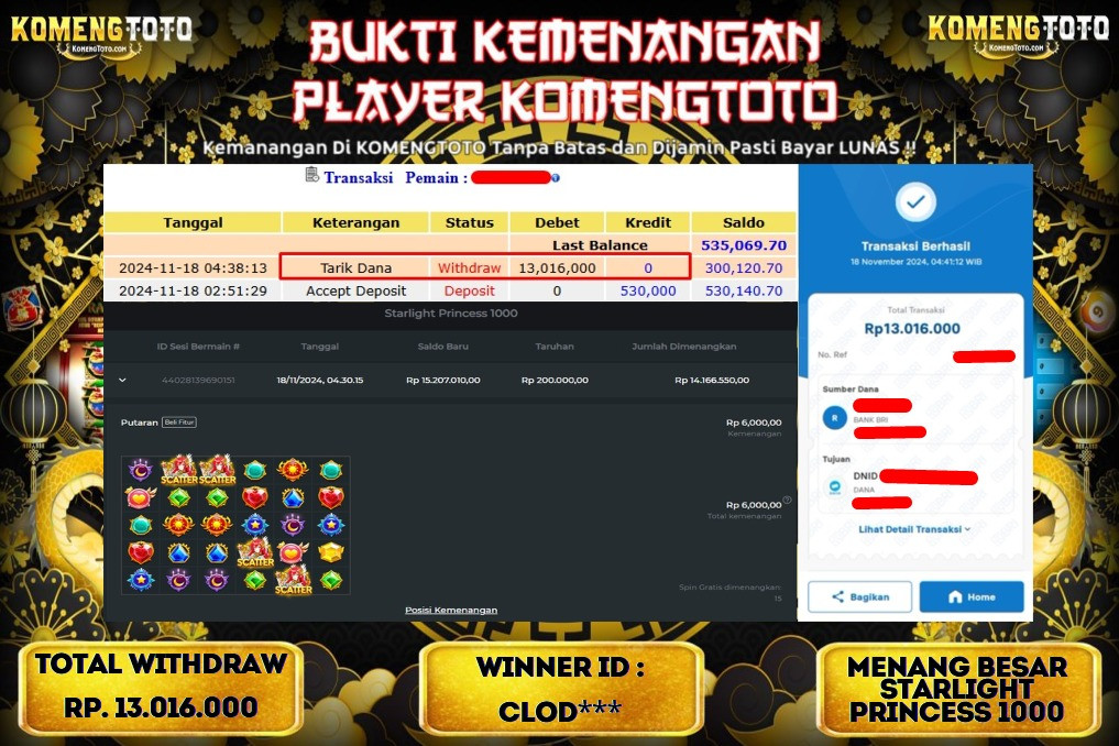 LAGI & LAGI!! KEMENANGAN BESAR DI SLOT STARLIGHT PRINCESS 1000 SEBESAR Rp.13.016.000 KOMENGTOTO BAYAR LUNAS SECEPAT KILAT !! KOMENGTOTO BAYAR SECEPAT KILAT !!