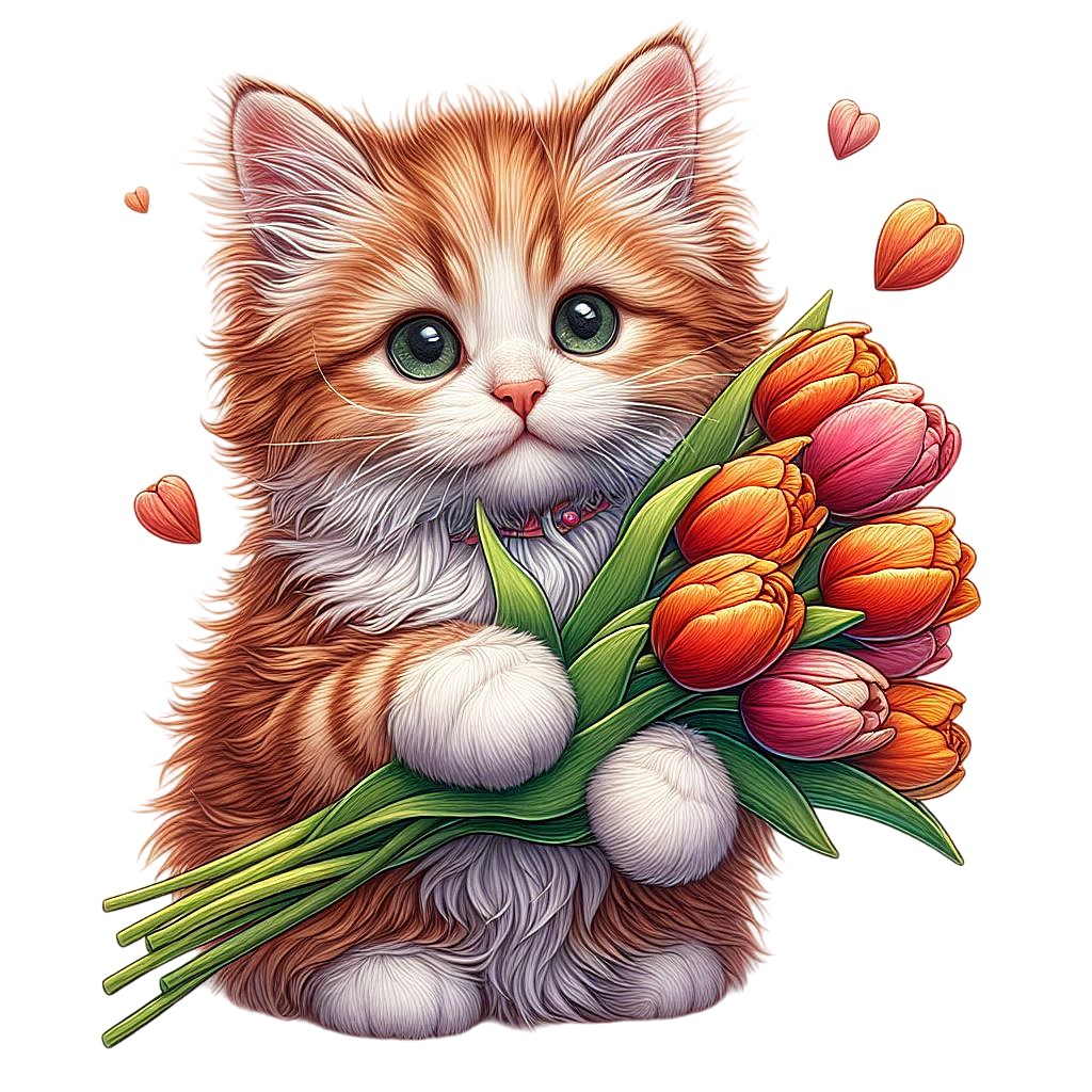 A highly detailed digital illustration of an adorable fluffy kitten with orange brown fur and white 