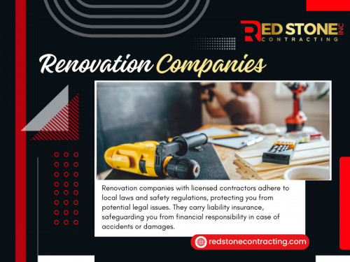 Licensed renovation companies have undergone rigorous training and years of experience in their respective fields. 

Official Website: https://redstonecontracting.com

Contact: Home Renovation Contractors By Red Stone Contracting
Address: 1040 Speers Rd, Oakville, ON L6L 2X4, Canada
Phone: +1 905-901-1006

Find Us On Google Map: https://maps.app.goo.gl/kb5UoNkzTXieMSNX9

Our Profile: https://gifyu.com/homeaddition
More Images: https://tinyurl.com/2y8ls4ht
https://tinyurl.com/2aa6fb7h
https://tinyurl.com/23ln6om9
https://tinyurl.com/25ksz23w