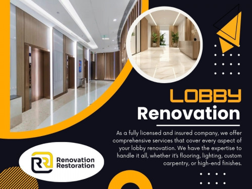 Choosing the right material and colour for your lobby renovation can create a fresh, updated look that attracts buyers and improves your home’s energy efficiency, reducing heating and cooling costs.

Official Website: https://renovationrestoration.ca

Contact : Renovation Restoration Inc
Telephone: 416-904-3131
Address: 3080 Yonge St, Toronto, ON M4N 3N1

Find Us On Google Map: https://maps.app.goo.gl/FdepGhGHiVyqRbRQA

Our Profile: https://gifyu.com/lobbyrenovation
More Images: https://tinyurl.com/24okssme
https://tinyurl.com/22fgk8wf
https://tinyurl.com/2bka36wq
https://tinyurl.com/24b7ppr9