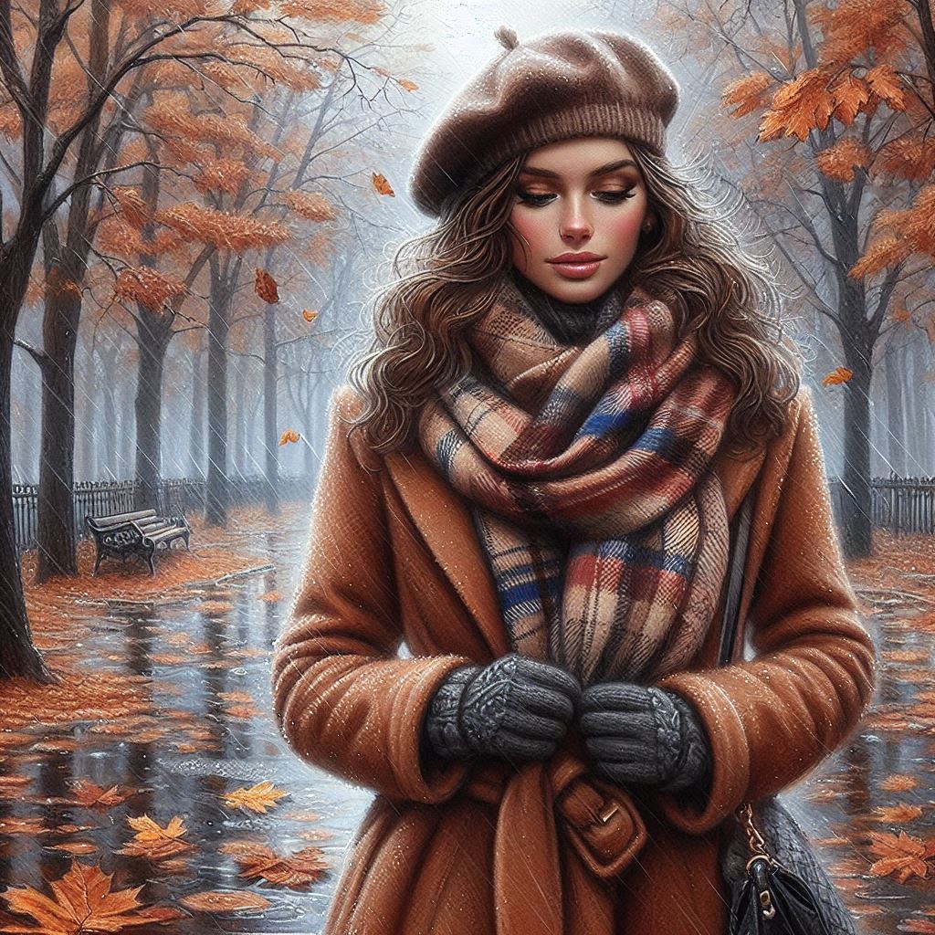 Late autumn, November, a beautiful young woman in a brown coat, a warm plaid scarf, beret, gloves, w