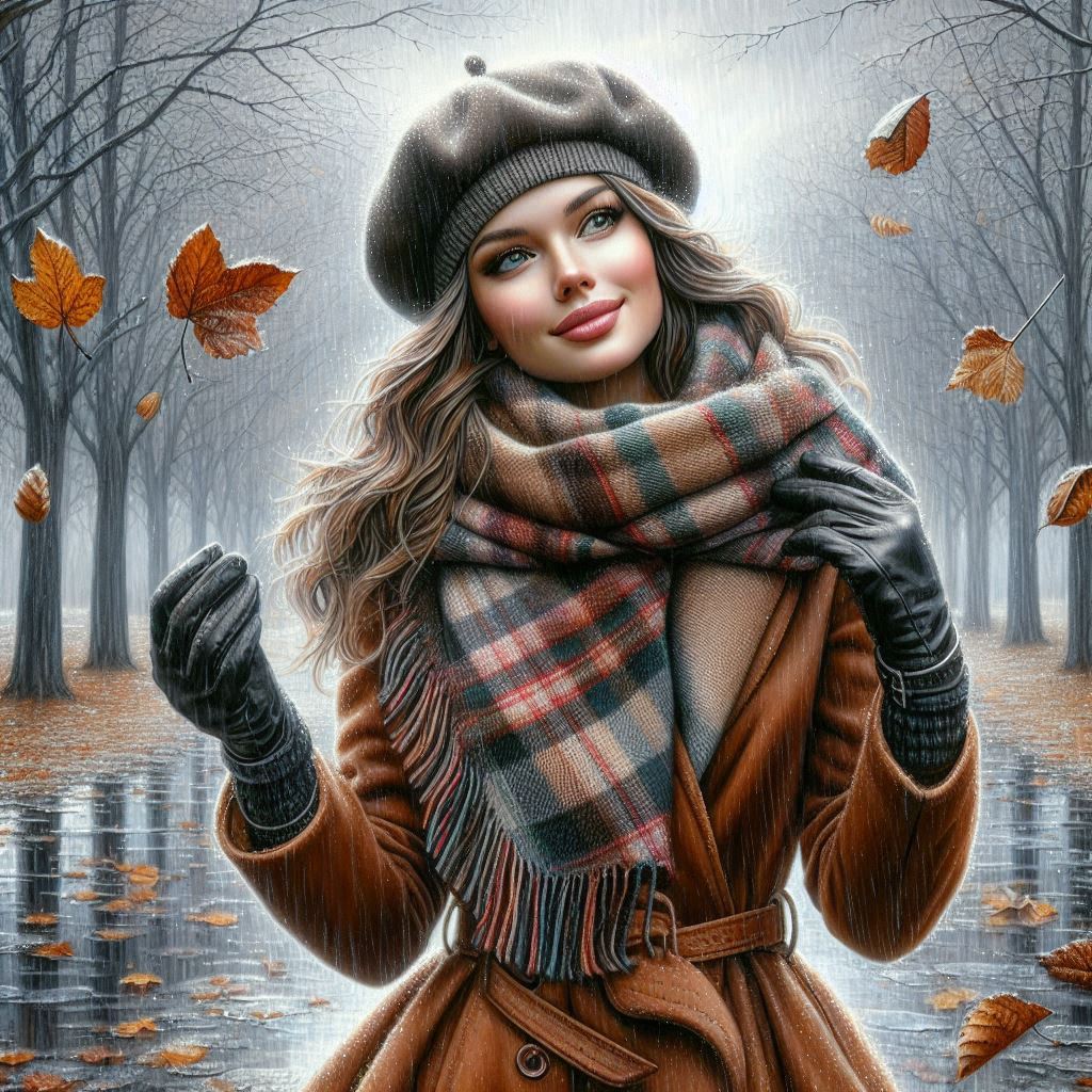 Late autumn, November, a beautiful young woman in a brown coat, a warm plaid scarf, beret, gloves, w