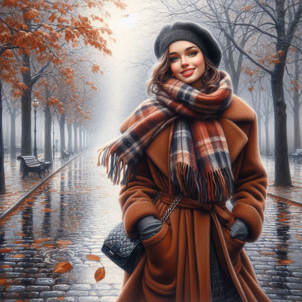 Late autumn, November, a beautiful young woman in a brown coat, a warm plaid scarf, beret, gloves, w