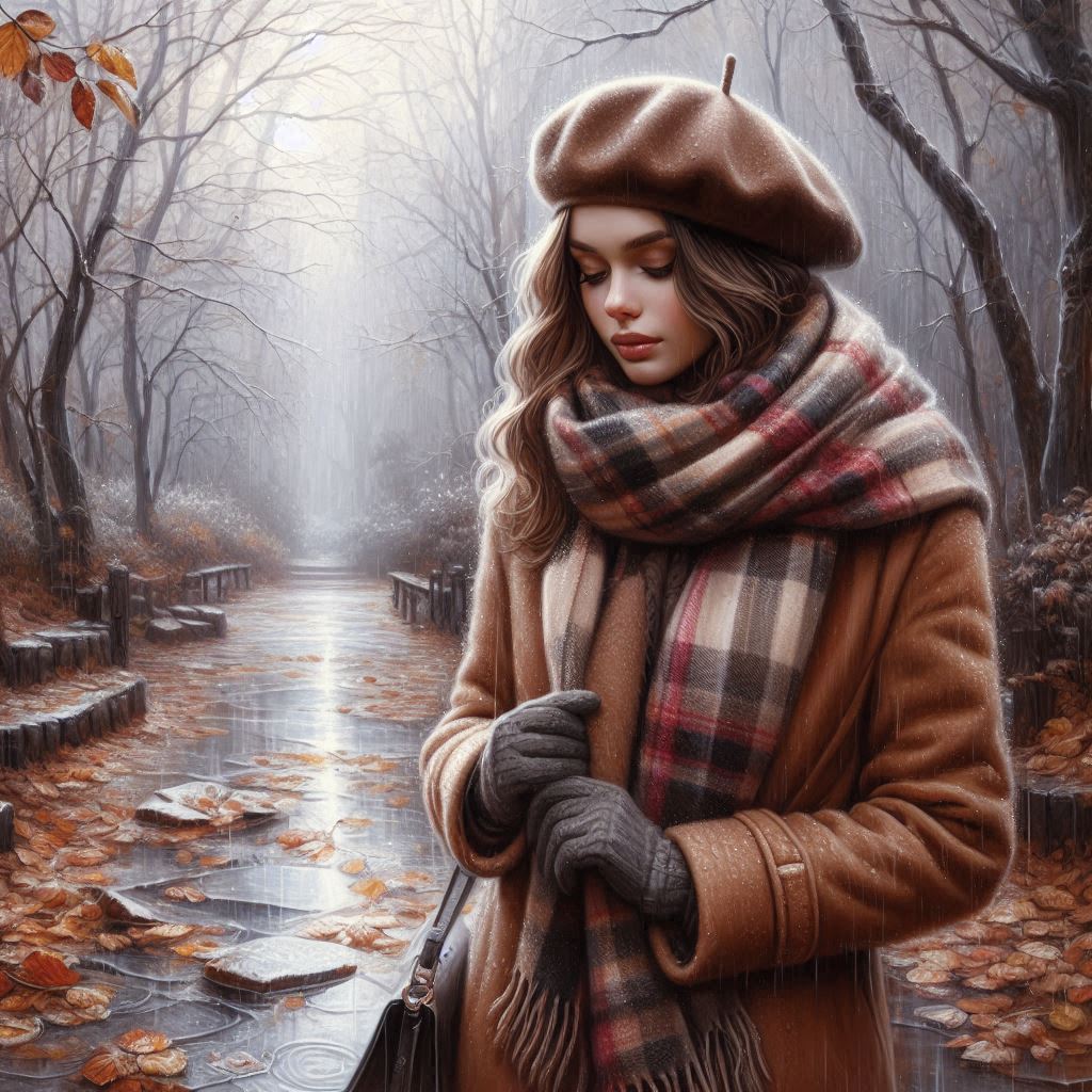 Late autumn, November, beautiful young woman in a brown coat, warm plaid scarf, beret, gloves, walki