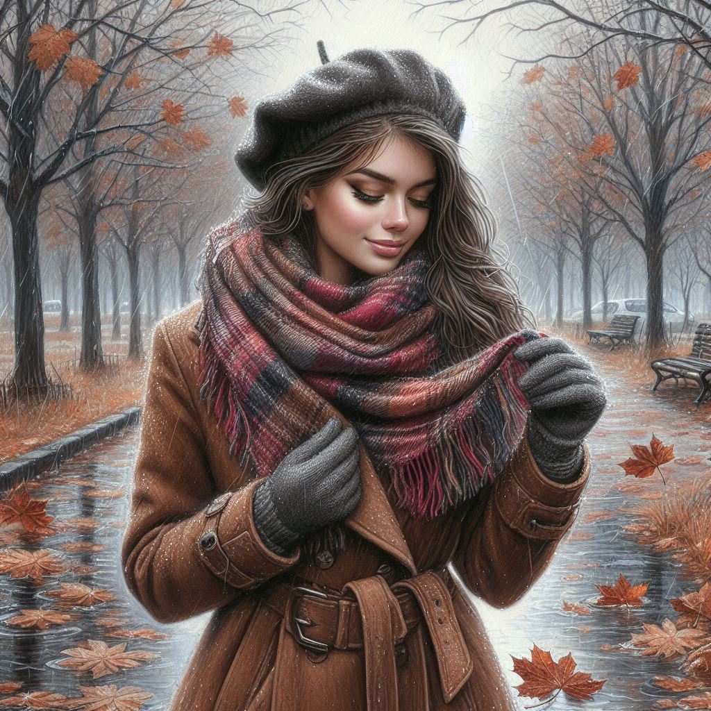 Late autumn, November, beautiful young woman in a brown coat, warm plaid scarf, beret, gloves, walki