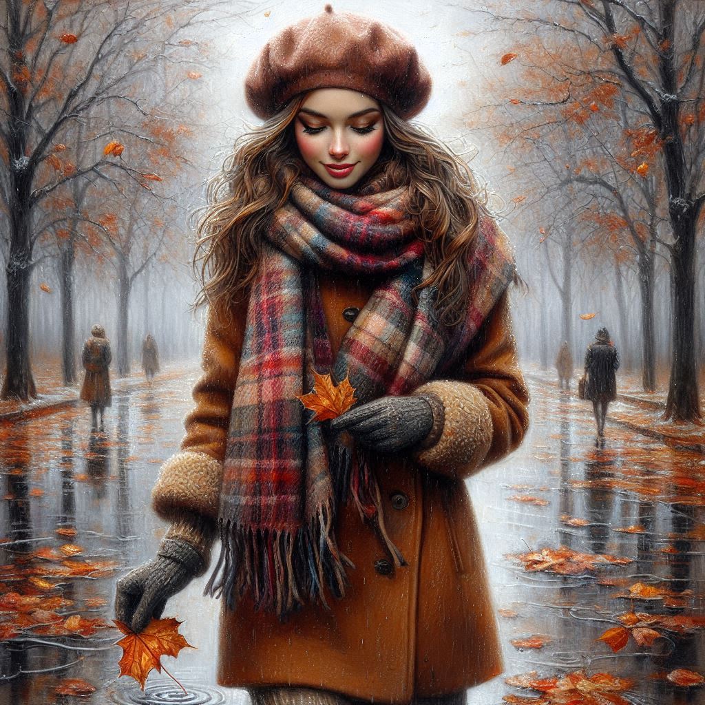 Late autumn, November, beautiful young woman in a brown coat, warm plaid scarf, beret, gloves, walki