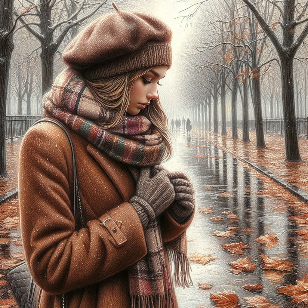 Late autumn, November, beautiful young woman in a brown coat, warm plaid scarf, beret, gloves, walki