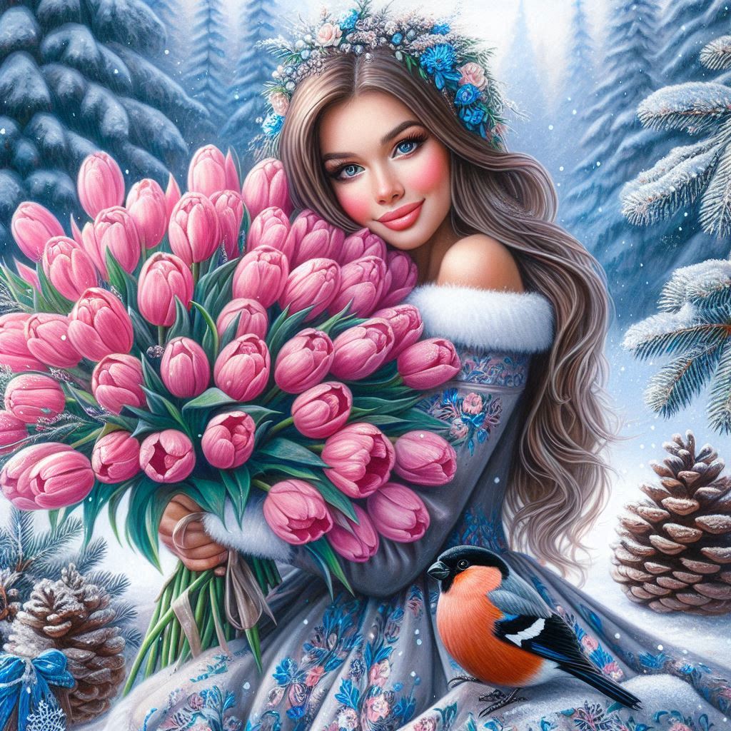 a very beautiful Russian girl with long brown highlighted hair, hugging a huge bouquet of pink tulip
