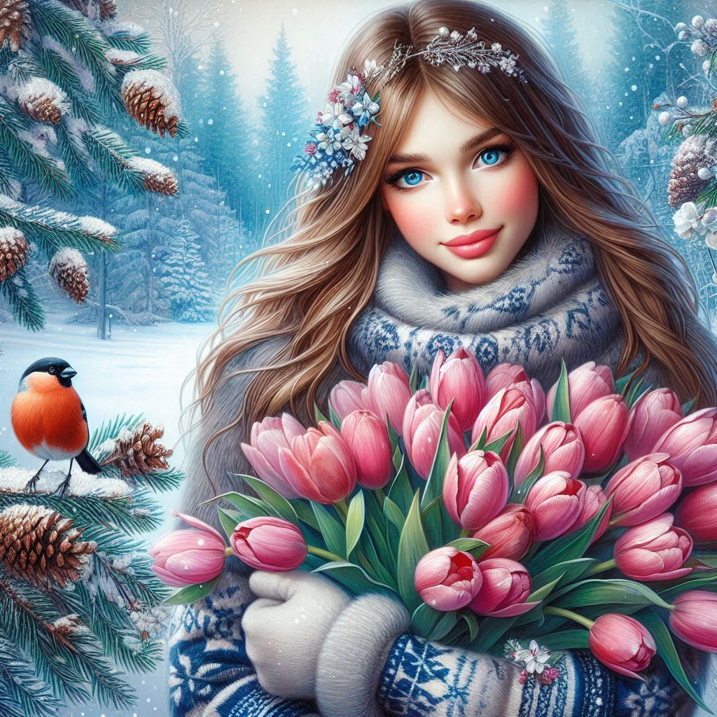 a very beautiful Russian girl with long brown highlighted hair, hugging a huge bouquet of pink tulip