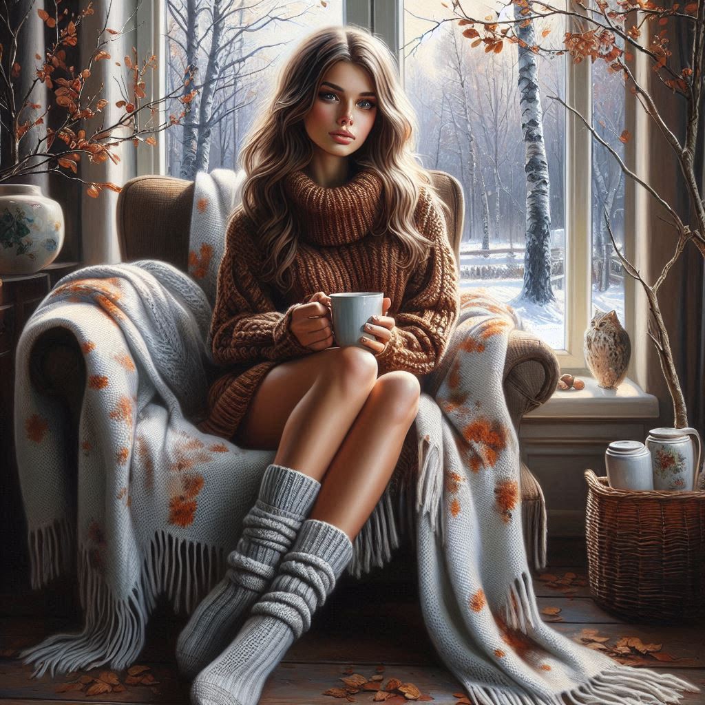 Oil painting, a beautiful girl in knitted short socks and a long knitted sweater of brown color is s