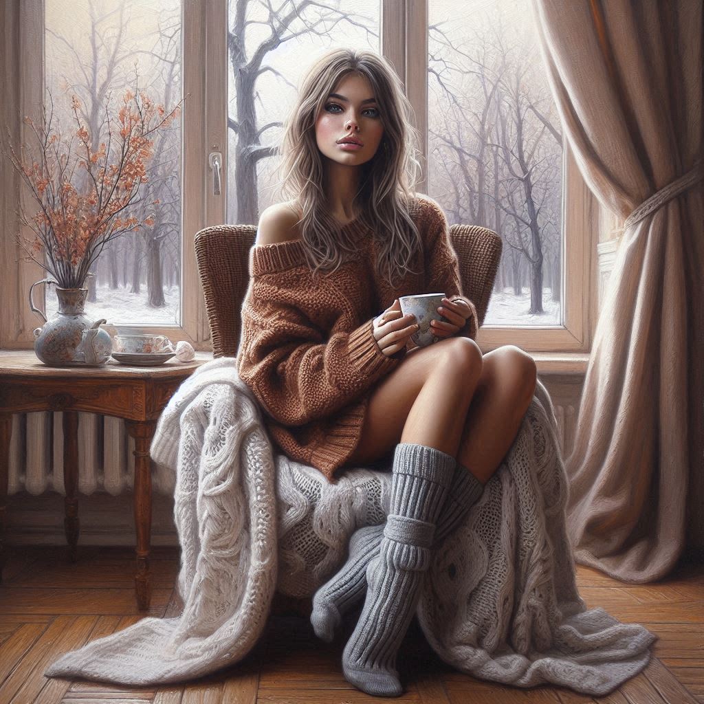 Oil painting, a beautiful girl in knitted short socks and a long knitted sweater of brown color is s