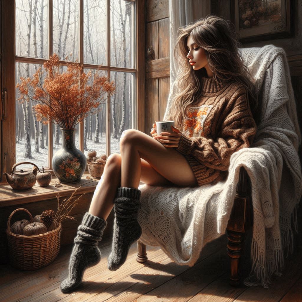 Oil painting, a beautiful girl in knitted short socks and a long knitted sweater of brown color is s