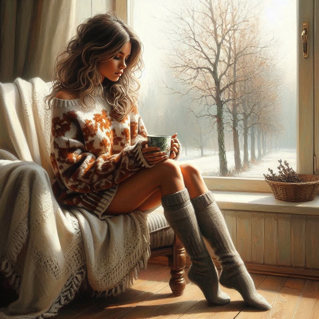 Oil painting, a beautiful girl in knitted short socks and a long knitted sweater of brown color is s