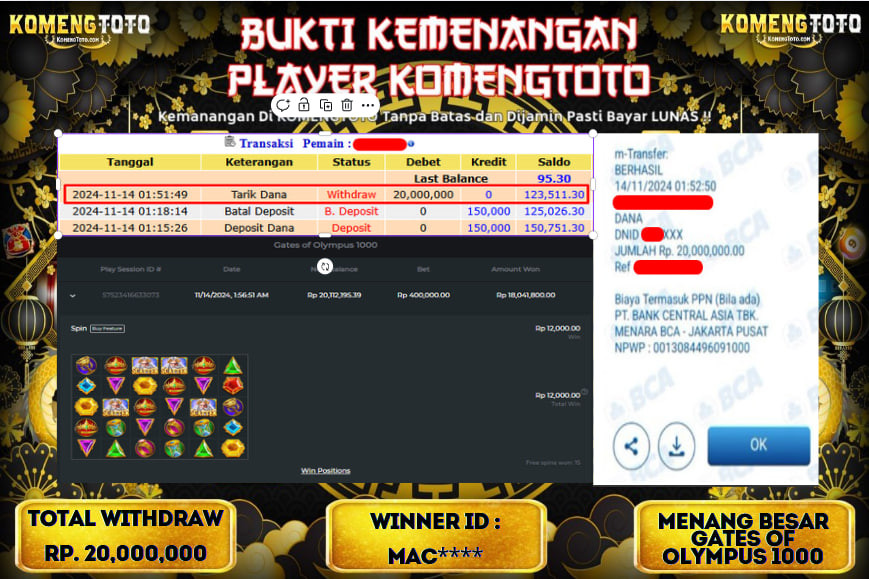 LAGI & LAGI!! KEMENANGAN BESAR DI SLOT  GATES OF OLYMPUS 1000  SEBESAR Rp.20.000.000 KOMENGTOTO BAYAR LUNAS SECEPAT KILAT !! KOMENGTOTO BAYAR SECEPAT KILAT !!
