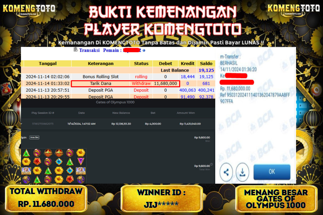LAGI & LAGI!! KEMENANGAN BESAR DI SLOT  GATES OF OLYMPUS 1000  SEBESAR Rp.11.680.000 KOMENGTOTO BAYAR LUNAS SECEPAT KILAT !! KOMENGTOTO BAYAR SECEPAT KILAT !!