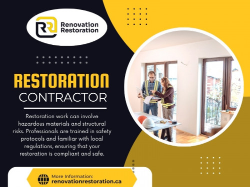 A Restoration contractor is trained in safety protocols and well-versed in local regulations and industry standards. They ensure your home or business is restored safely and up to code. They also have the proper certifications and insurance, protecting you from liability.

Official Website: https://renovationrestoration.ca

Contact : Renovation Restoration Inc
Telephone: 416-904-3131
Address: 3080 Yonge St, Toronto, ON M4N 3N1

Find Us On Google Map: https://maps.app.goo.gl/FdepGhGHiVyqRbRQA

Our Profile: https://gifyu.com/lobbyrenovation
More Images: https://tinyurl.com/24uluman
https://tinyurl.com/2awclplj
https://tinyurl.com/2c7hpet4
https://tinyurl.com/2289t2yp