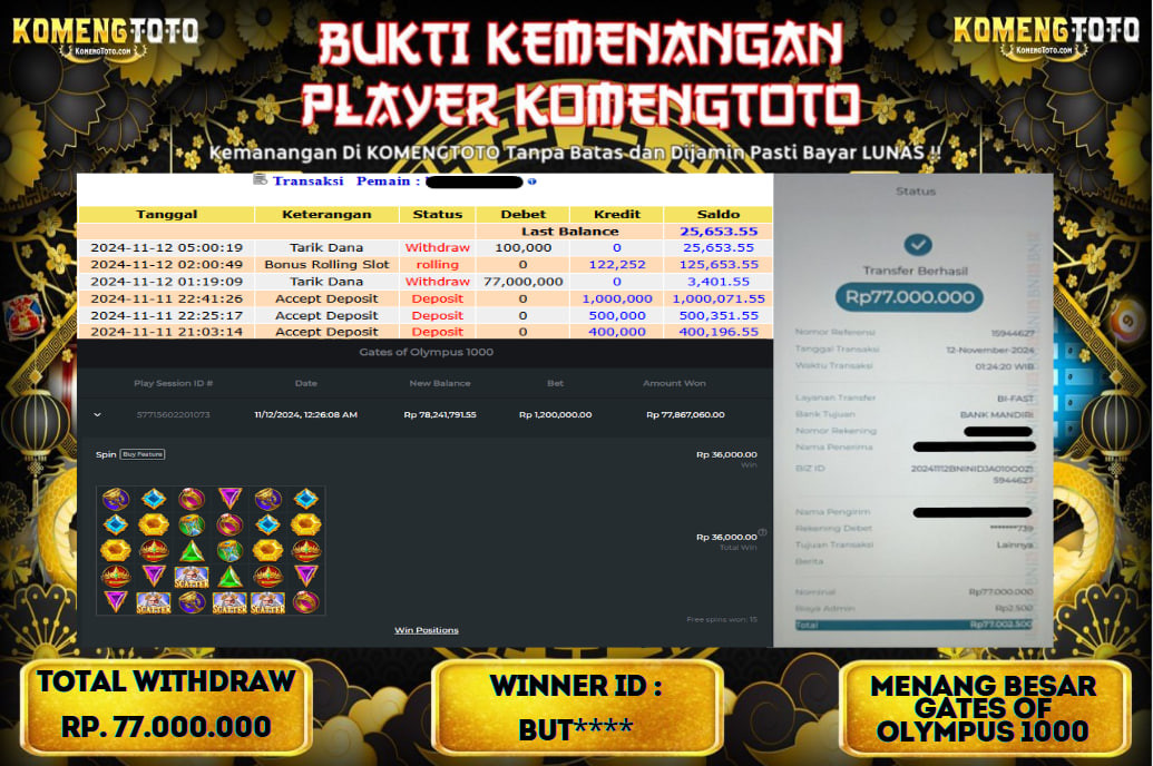 LAGI & LAGI!! KEMENANGAN BESAR DI SLOT  GATES OF OLYMPUS 1000  SEBESAR Rp.77.000.000 KOMENGTOTO BAYAR LUNAS SECEPAT KILAT !! KOMENGTOTO BAYAR SECEPAT KILAT !!