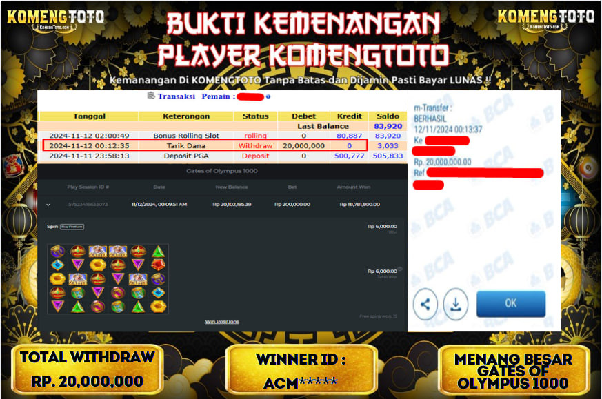 LAGI & LAGI!! KEMENANGAN BESAR DI SLOT  GATES OF OLYMPUS 1000  SEBESAR Rp.20.000.000 KOMENGTOTO BAYAR LUNAS SECEPAT KILAT !! KOMENGTOTO BAYAR SECEPAT KILAT !!