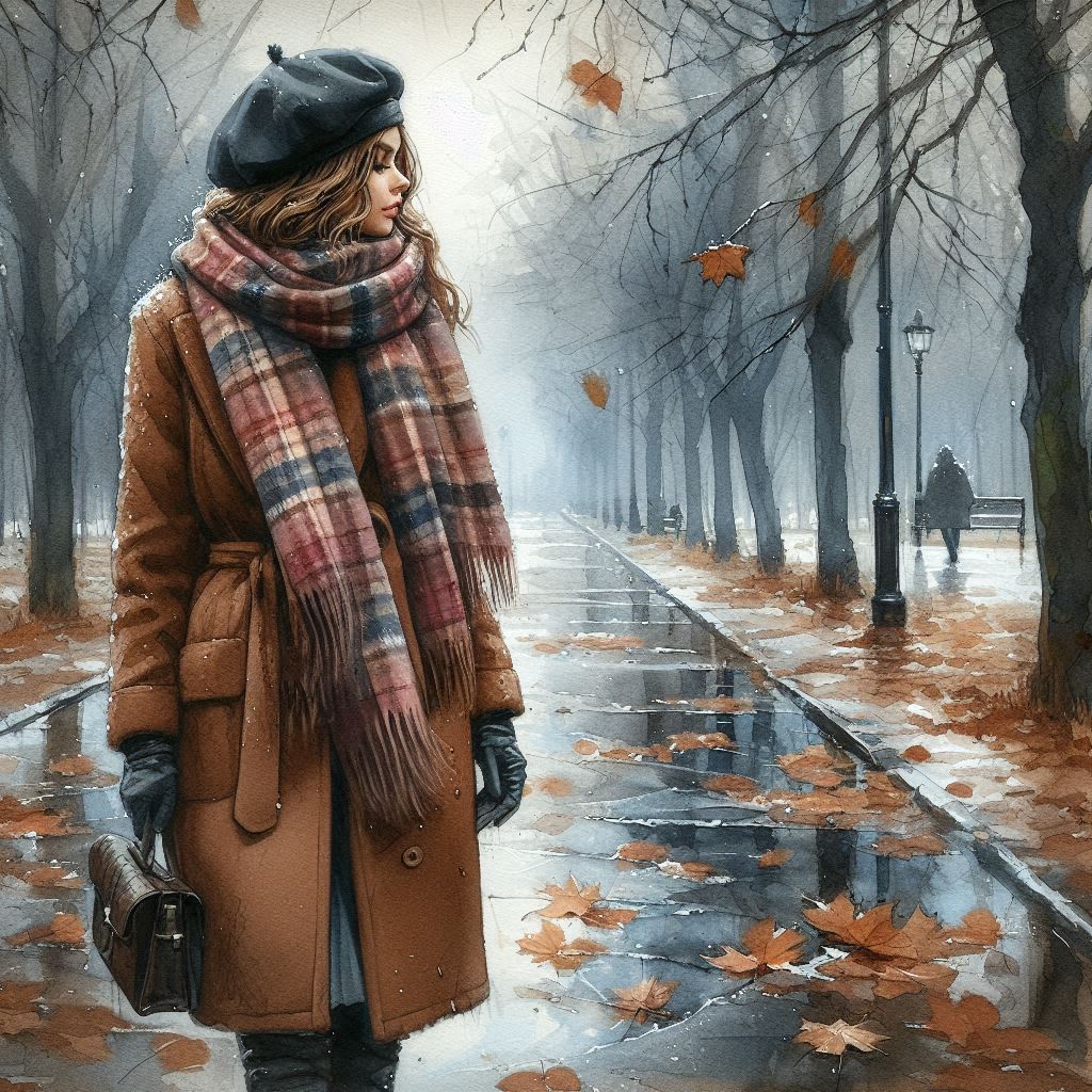 Late autumn, November, watercolor, beautiful young woman in a brown coat, warm plaid scarf, beret, g