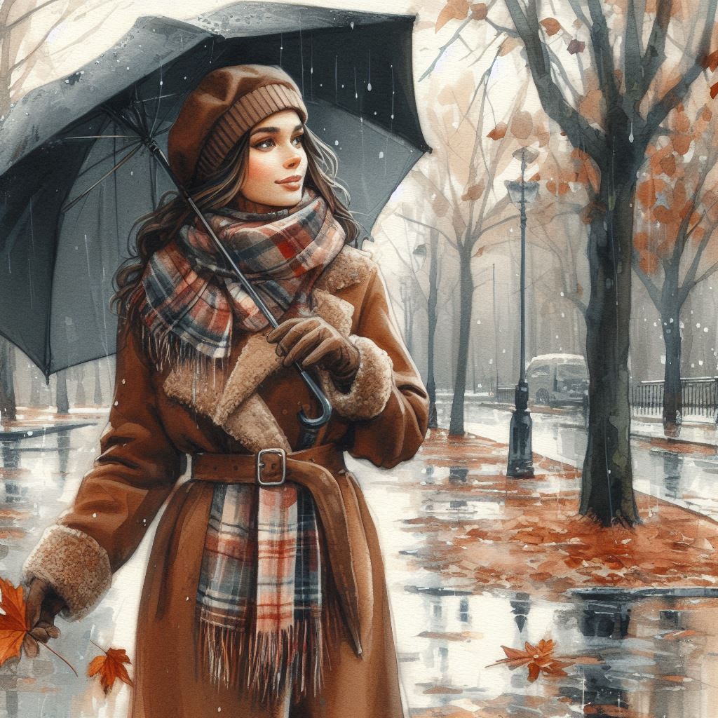 Late autumn, November, watercolor, beautiful young woman in a brown coat, warm plaid scarf, beret, g