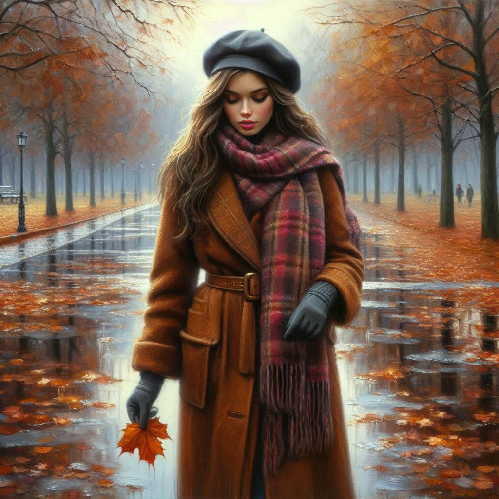 Late autumn, November, oil painting, beautiful young woman in a brown coat, warm plaid scarf, beret,