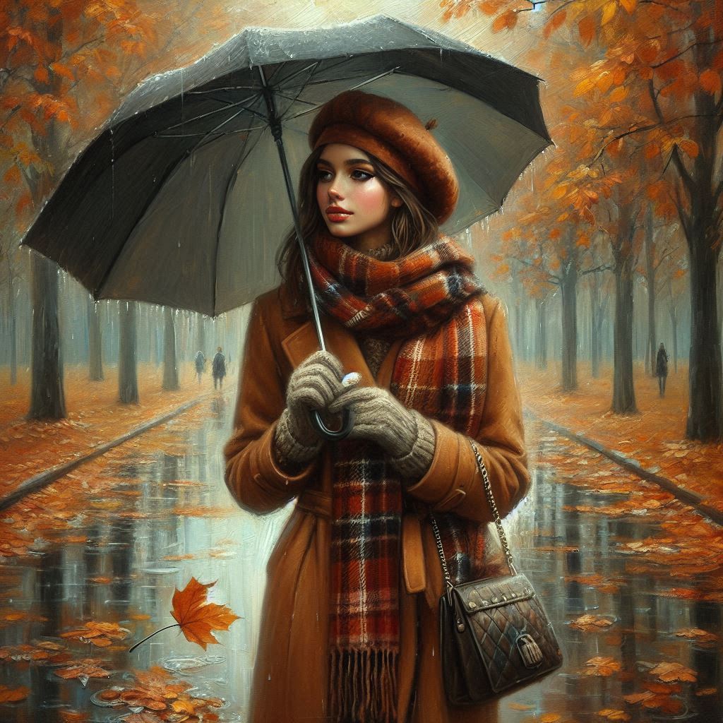 Late autumn, November, oil painting, beautiful young woman in a brown coat, warm plaid scarf, beret,