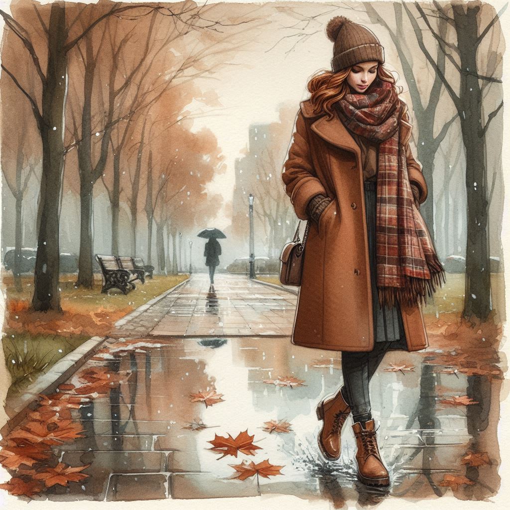 Late autumn, November, watercolor, beautiful young woman in a brown coat, warm plaid scarf, beret, g