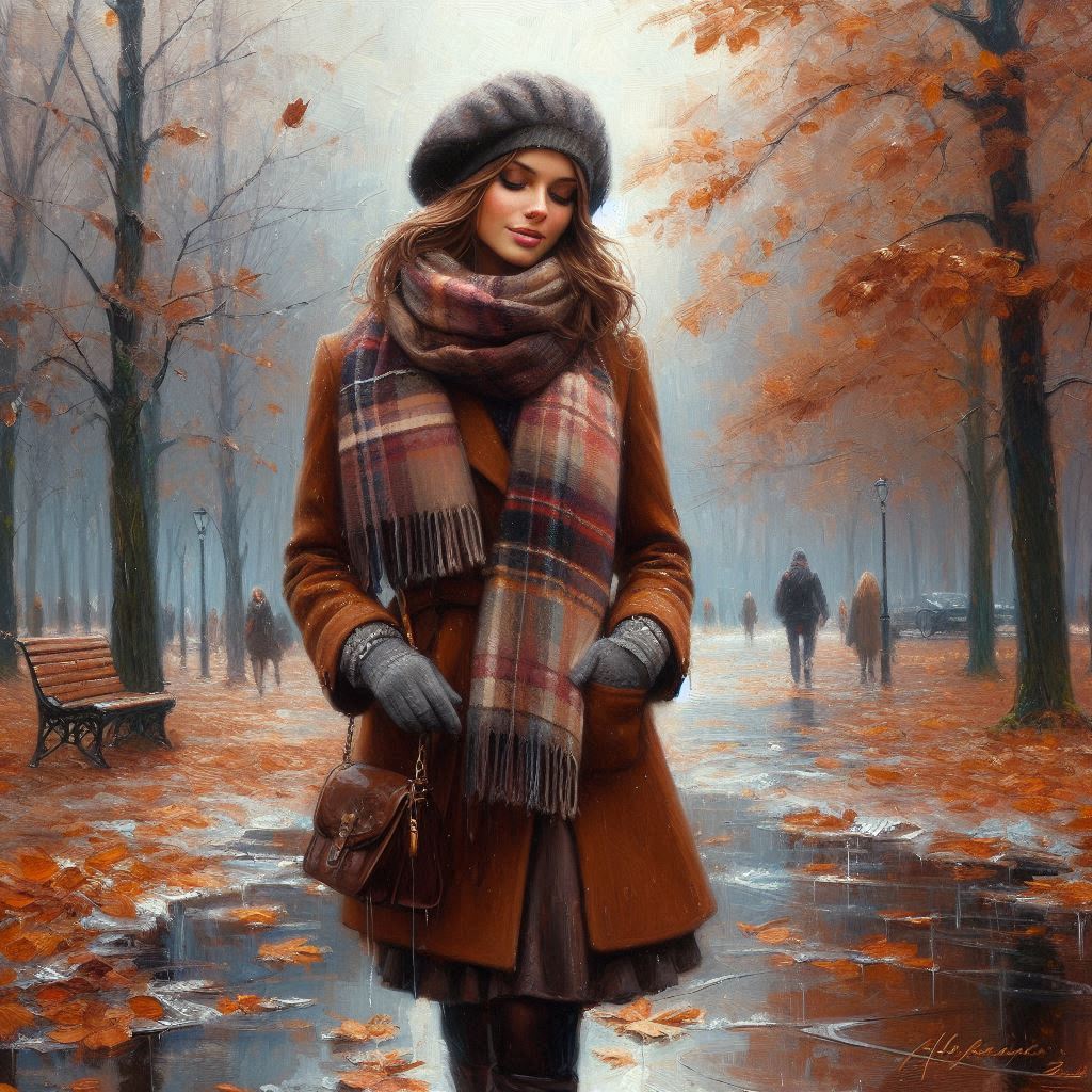 Late autumn, November, oil painting, beautiful young woman in a brown coat, warm plaid scarf, beret,