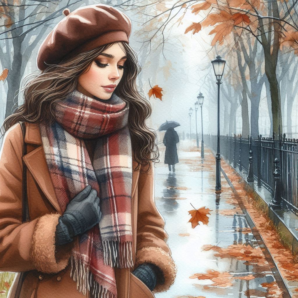 Late autumn, November, watercolor, beautiful young woman in a brown coat, warm plaid scarf, beret, g